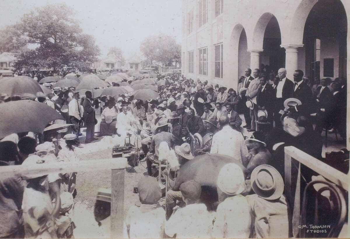 This photograph is from the opening in 1926 of the Houston Negro Hospital and hangs in a hallway at Riverside General Hospital, an independent community hospital in Houston's Third Ward. Standing under the columned arches are the five doctors who help found medical care for blacks in Houston: they are (no order) R. O. Roett, Charles Jackson, B. J. Covington, F. F. Stone, and H. E. Lee. The hospital is facing another financial crisis sending a letter dated September 1, 2004 announcing layoffs. COPY SHOT taken Monday Sept. 27, 2004.