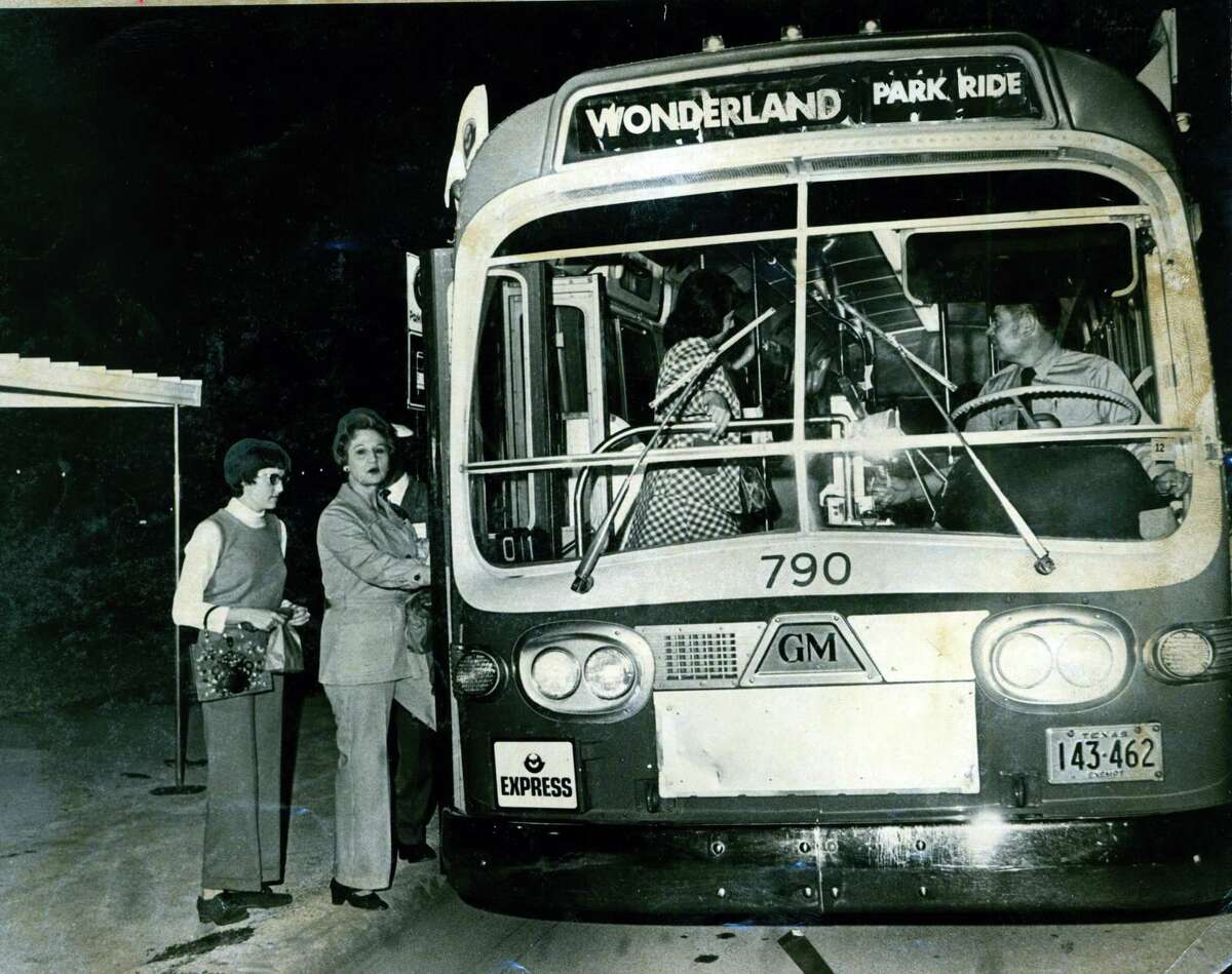 A 1974 photo of a bus at Wonderland Mall.