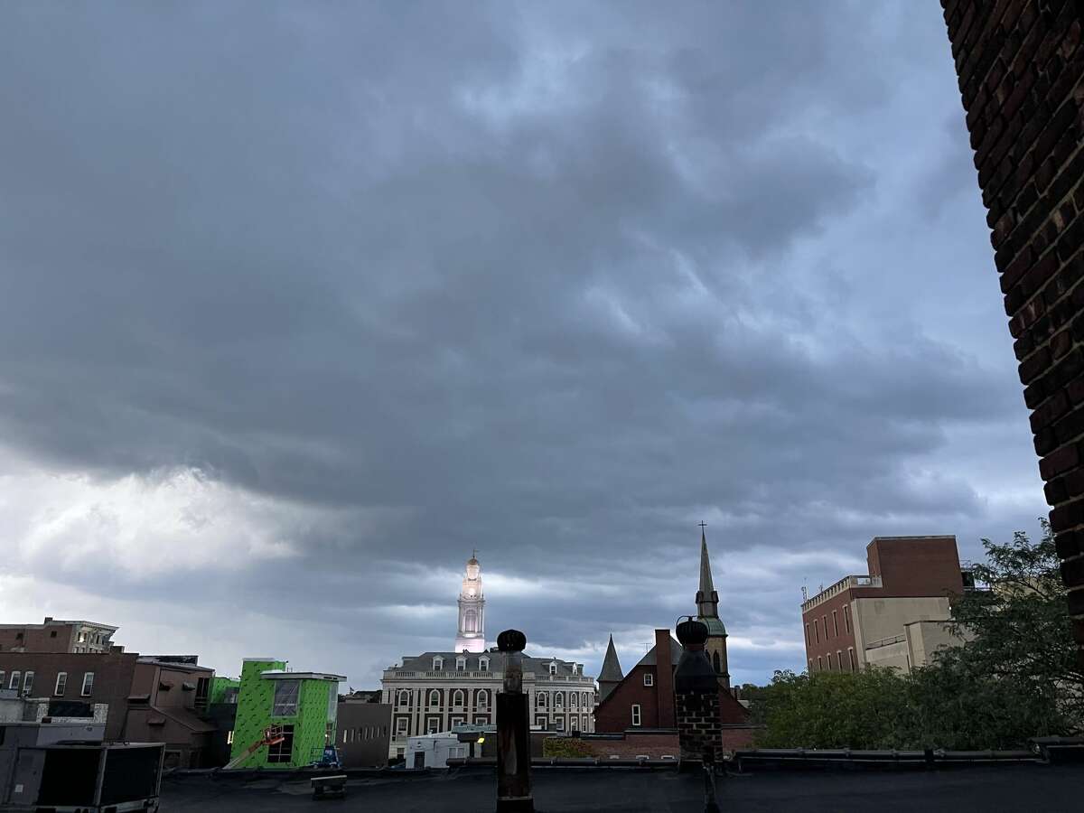 Storm clouds gather over Schenectady City Hall on Wednesday, Sept. 8, 2021.