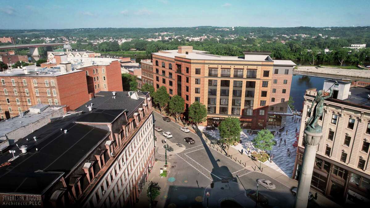 An aerial view of rendering of 1 Monument Square from the square.