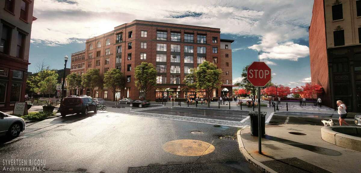 Rendering of pedestrian view from River Street and Broadway of proposed 1 Monument Square project.
