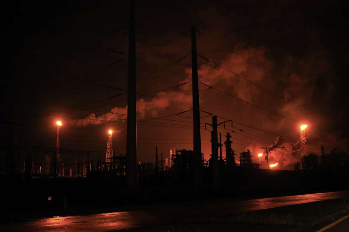 The Royal Dutch Shell plc Norco Refinery during a power outage caused by Hurricane Ida in LaPlace, Louisiana, U.S., on Monday, Aug. 30, 2021. The storm, wielding some of the most powerful winds ever to hit the state, drove a wall of water inland when it thundered ashore Sunday as a Category 4 hurricane and reversed the course of part of the Mississippi River. Photographer: Luke Sharrett/Bloomberg