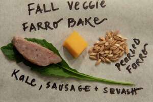 Ingredients Caroline Barrett uses to make fall veggie farro bake on Wednesday, Sept. 8, 2021 in Delmar, N.Y.