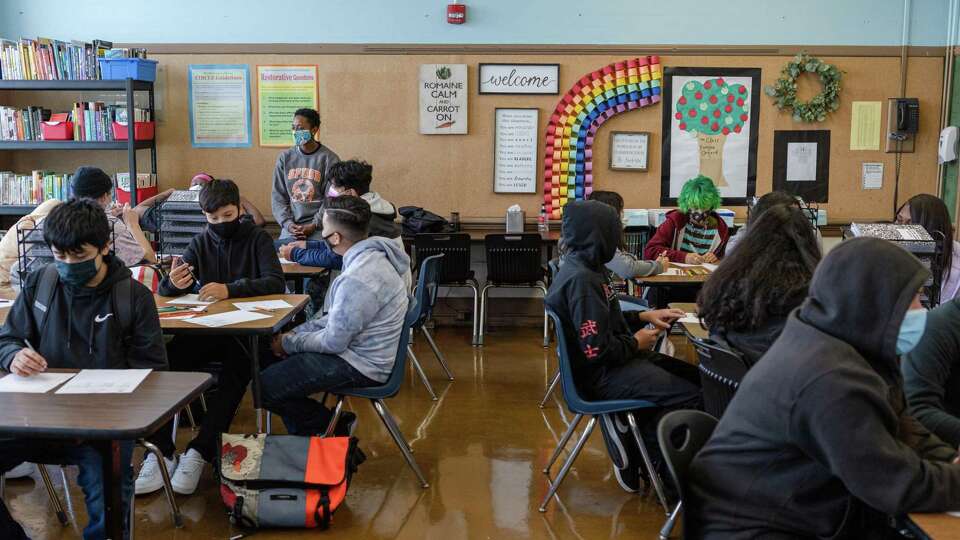 Students in a classroom at Everett Middle School for the first day of full time, in-person instruction for PreK-12 students on Monday, August 16, 2021 in San Francisco, Calif.