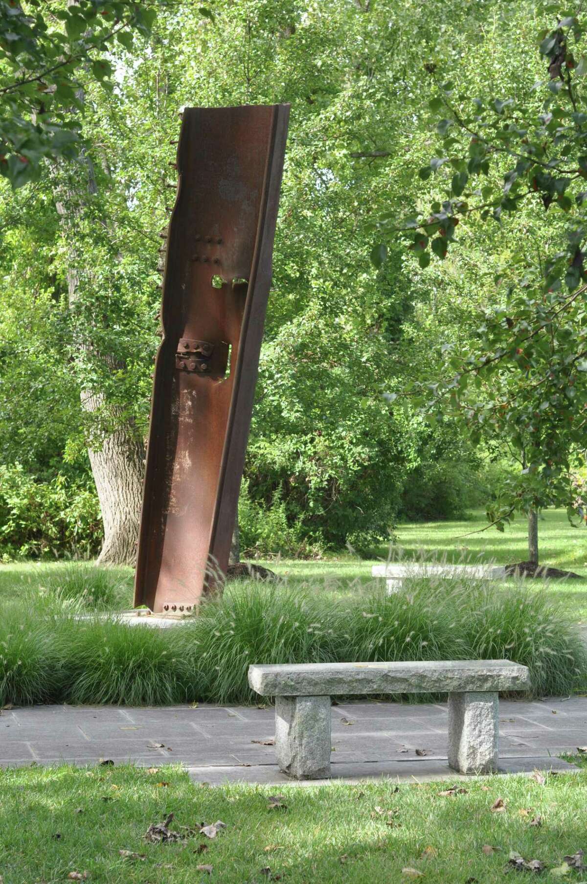 A rusting beam of World Trade steel is the centerpiece of Ridgefield’s 9/11 memorial.
