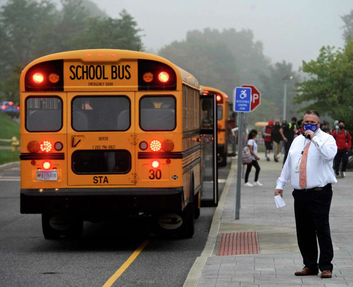 Principal Dan Donovan was outside greeting students on the first day of school for Danbury High School. Monday, August 30, 2021, Danbury, Conn. Fourteen science labs at the high school are planned to be upgraded.