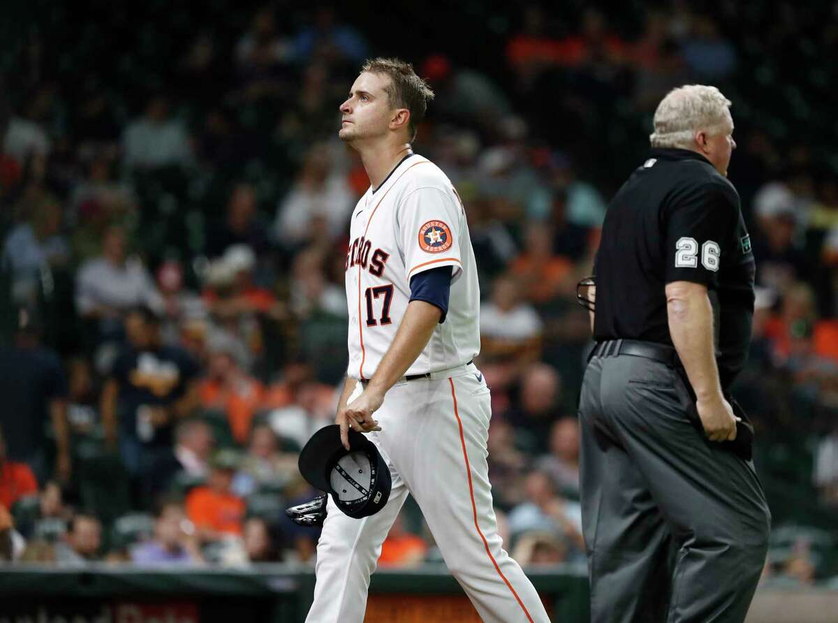 Houston Astros starting pitcher Jake Odorizzi reacts after Seattle Mariners Mitch Haniger lined out to end the fifth inning of an MLB baseball game at Minute Maid Park, Tuesday, September 7, 2021, in Houston.