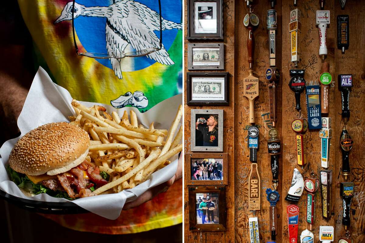 Left, a bacon cheeseburger is one of the items at the menu of the Dutch Goose on Aug 30, 2021. Right, keg tap handles hang on a wall at the Dutch Goose on Aug. 30, 2021. The restaurant has been serving Menlo Park since 1966.