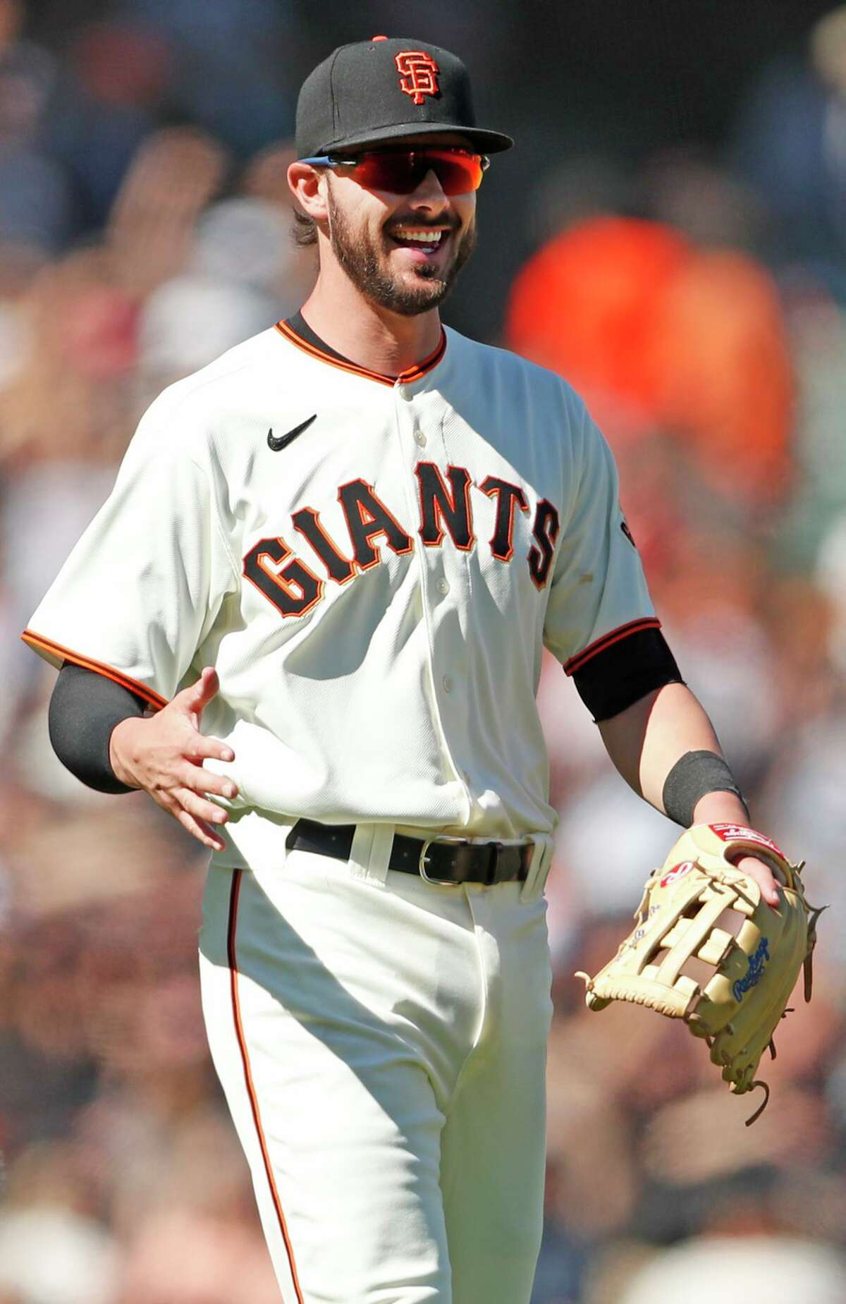 San Francisco Giants' Kris Bryant celebrates Giants' 5-3 win over Houston Astros in MLB game at Oracle Park in San Francisco, Calif., on Sunday, August 1, 2021.