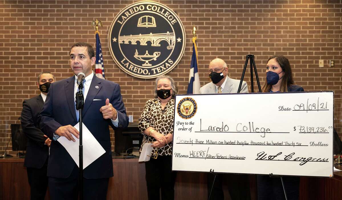 Laredo College leadership and trustees join U.S. Congressman Henry Cuellar as he speaks about the $73,134,236 gathered from various funding sources to better Laredo College, Thursday, Sept. 9, 2021, at the Laredo College Board Room.