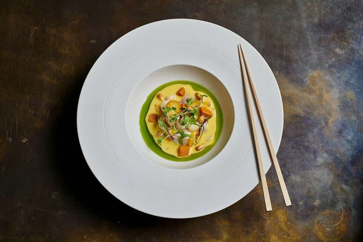 Sea bass ceviche with leche de tigre, sweet potato and Peruvian corn is one of Chotto Matte's Nikkei dishes.