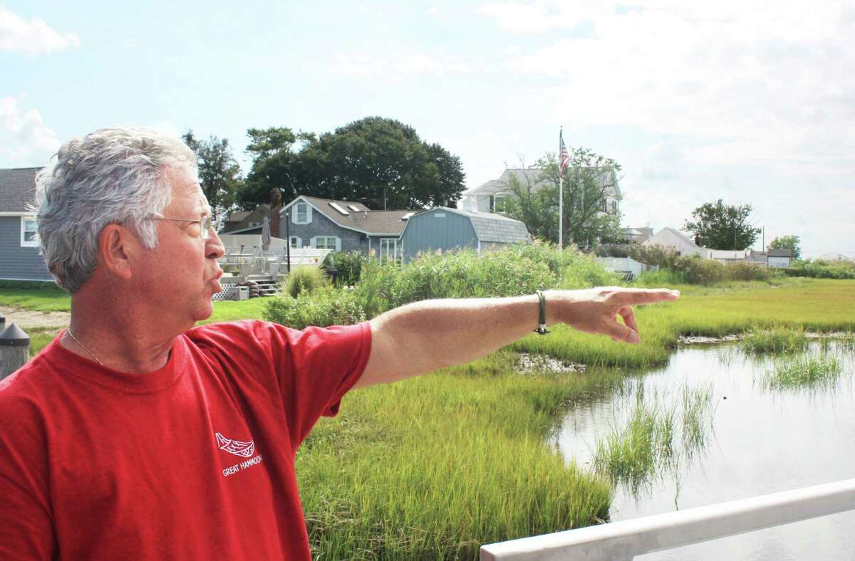 Rick Tanasi points to where he says water flowing under the Old Saybrook bridge has eroded marshland over the last decade.