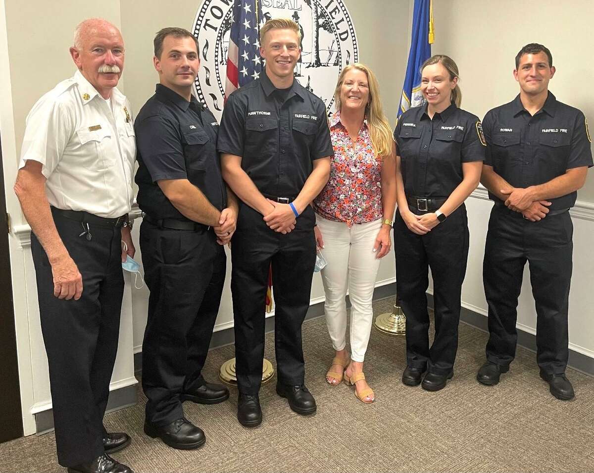 Fairfield welcomed four new firefighters: Caitlin Clarkson Pereira, of Fairfield; Luke Hawthorne, of Mansfield; Michael Canil, of Bethel; and Matthew Rowan, of Trumbull.