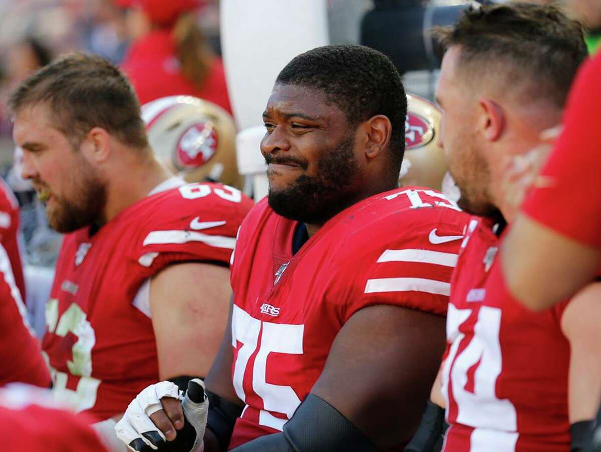 San Francisco 49ers offensive goaltender Laken Tomlinson (75) against the Atlanta Falcons during an NFL football game in Santa Clara, Calif. On Sunday, December 15, 2019 (AP Photo / Josie Lepe)