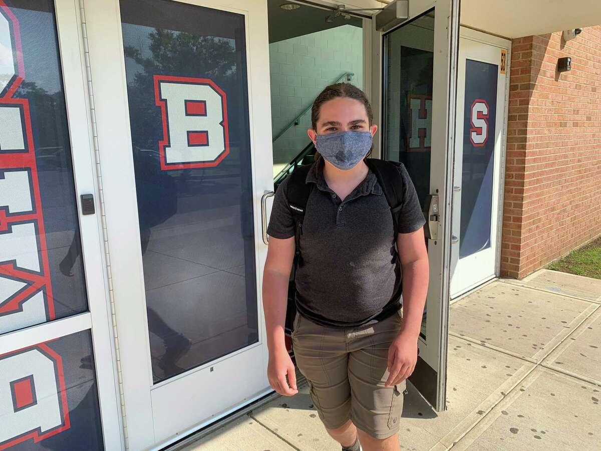 Laszlo Balazs leaves Brien McMahon High School after completing her second week back. Balazs returned to in-person learning this year after choosing to learn fully remote last year at Roton Middle School.