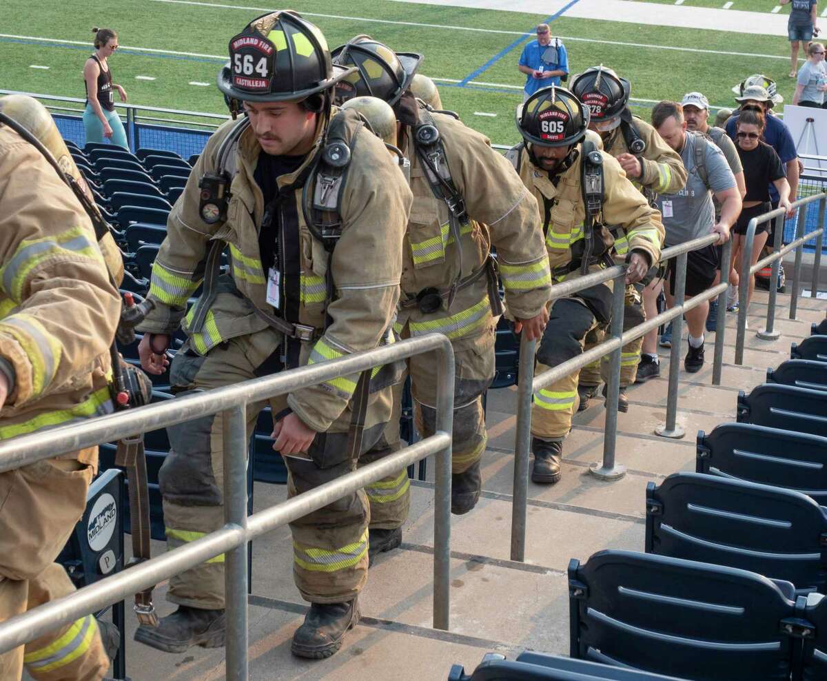 More than 400 area first responders, family members and members of the public walk the bleachers 09/11/2021 at Grande Communications Stadium, climbing the equivalent of 110 stories in remembrance of first responders that gave their life, as well as civilians who died in the Sept, 11 2001 terror attacks. Tim Fischer/Reporter-Telegram