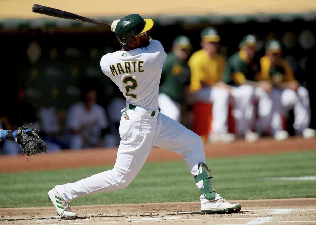 Oakland Athletics' Starling Marte (2) connects for a solo home run in the first inning of a baseball game against the Texas Rangers, Saturday, Sept. 11, 2021, in Oakland. (AP Photo/Scot Tucker)