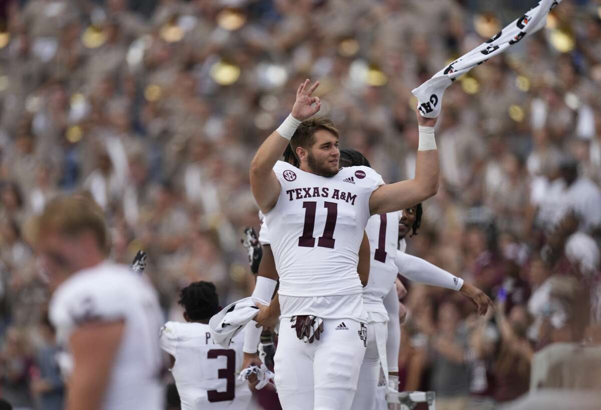 Texas A&M tight end Blake Smith celebrates as time runs out in the second half of an NCAA college football game against Colorado, Saturday, Sept. 11, 2021, in Denver. Texas A&M won 10-7. (AP Photo/David Zalubowski)