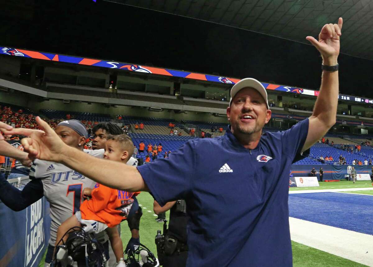 UTSA head coach Jeff Traylor celebrates with fans at the end of the game. UTSA v Lamar on Friday, Sept.11 2021.