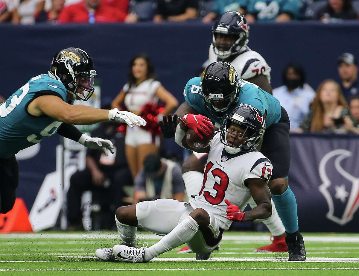 Houston Texans wide receiver Anthony Miller (3) makes a down during the second half of an NFL football game against the Jacksonville Jaguars Sunday, Sept. 12, 2021, in Houston.