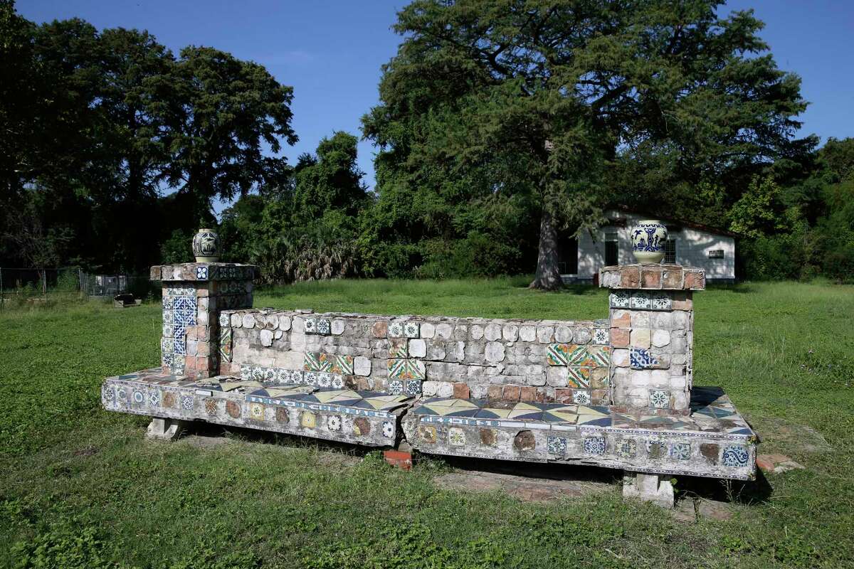 A tiled bench is among the remains of Miraflores, the 4.5-acre garden developed by Dr. Aureliano Urrutia.