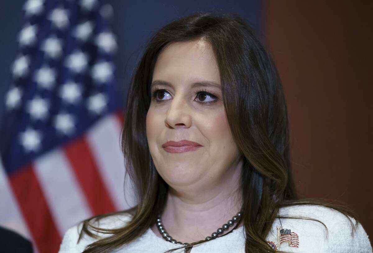 Rep. Elise Stefanik speaks to reporters at the Capitol in Washington, Friday, May 14, 2021, after she was elected the new chair of the House Republican Conference.