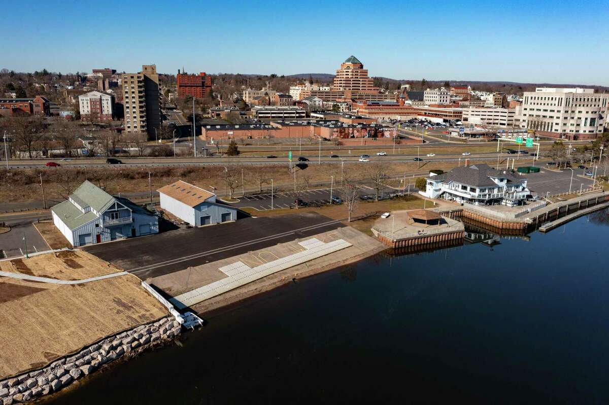 A drone shot of the Connecticut Riverfront at Harbor Park shows the former canoe club (far right), where