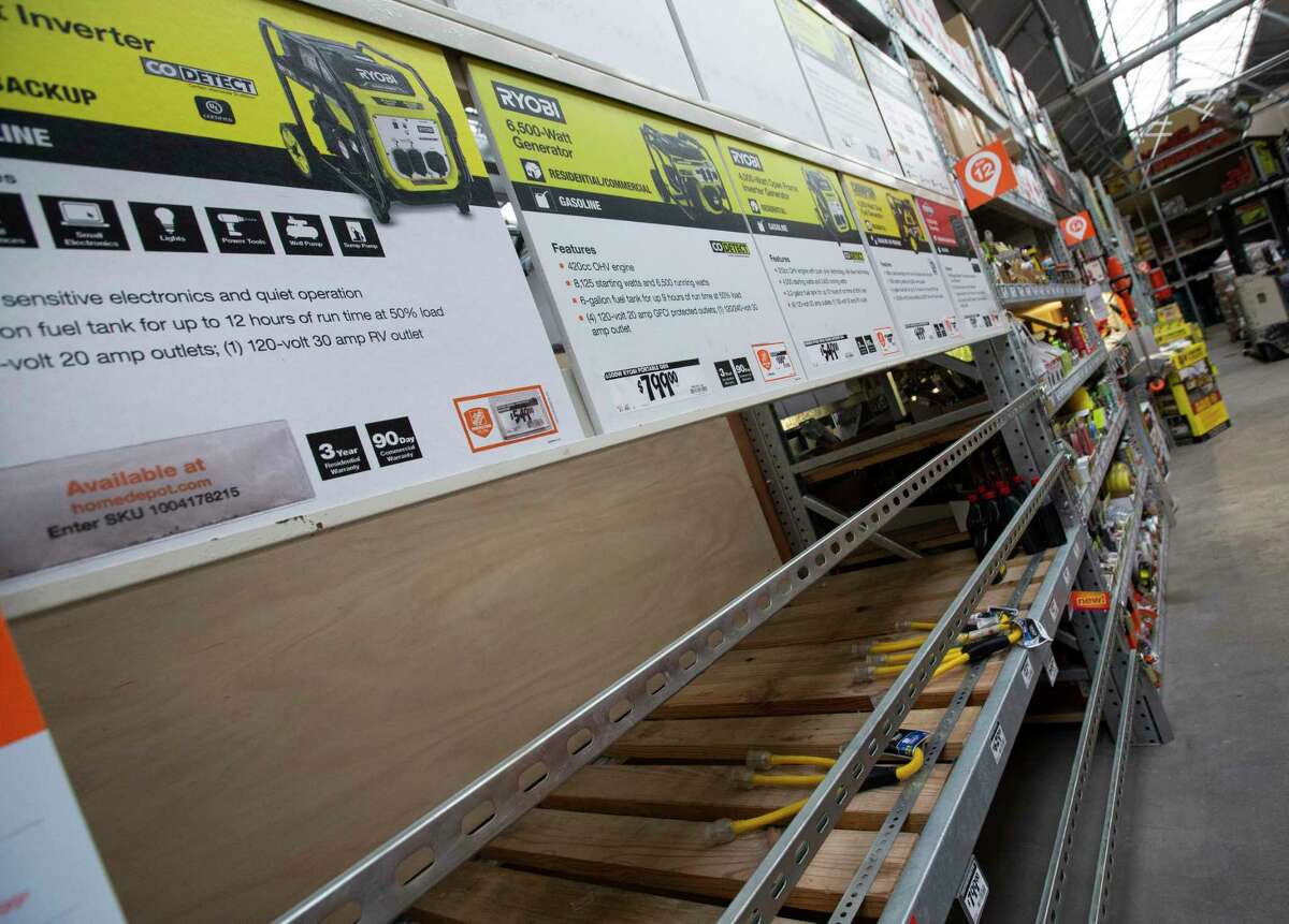 The generator section is seen cleared out at Home Depot as people prepare for Tropical Storm Nicholas, Monday, Sept. 13, 2021, in Houston. (Yi-Chin Lee/Houston Chronicle via AP)