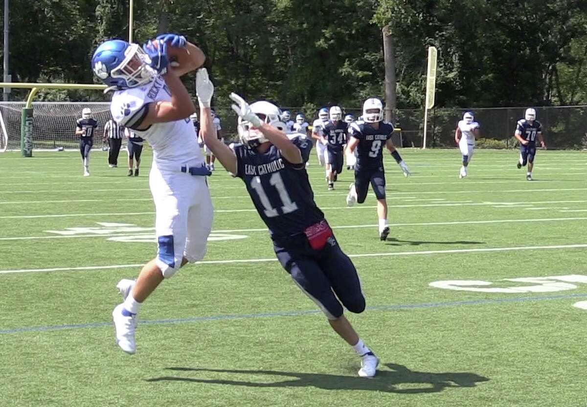 Rocky Hill's Frankie Guerrera comes down with a pass to set up a touchdown in the second quarter of Rocky Hill's 20-7 victory over East Catholic, Saturday, Sept. 11, 2021.