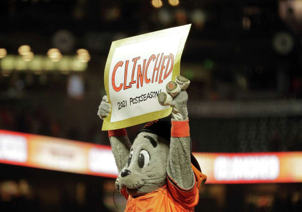 San Francisco Giants mascot celebrates a Giants victory at AT Park