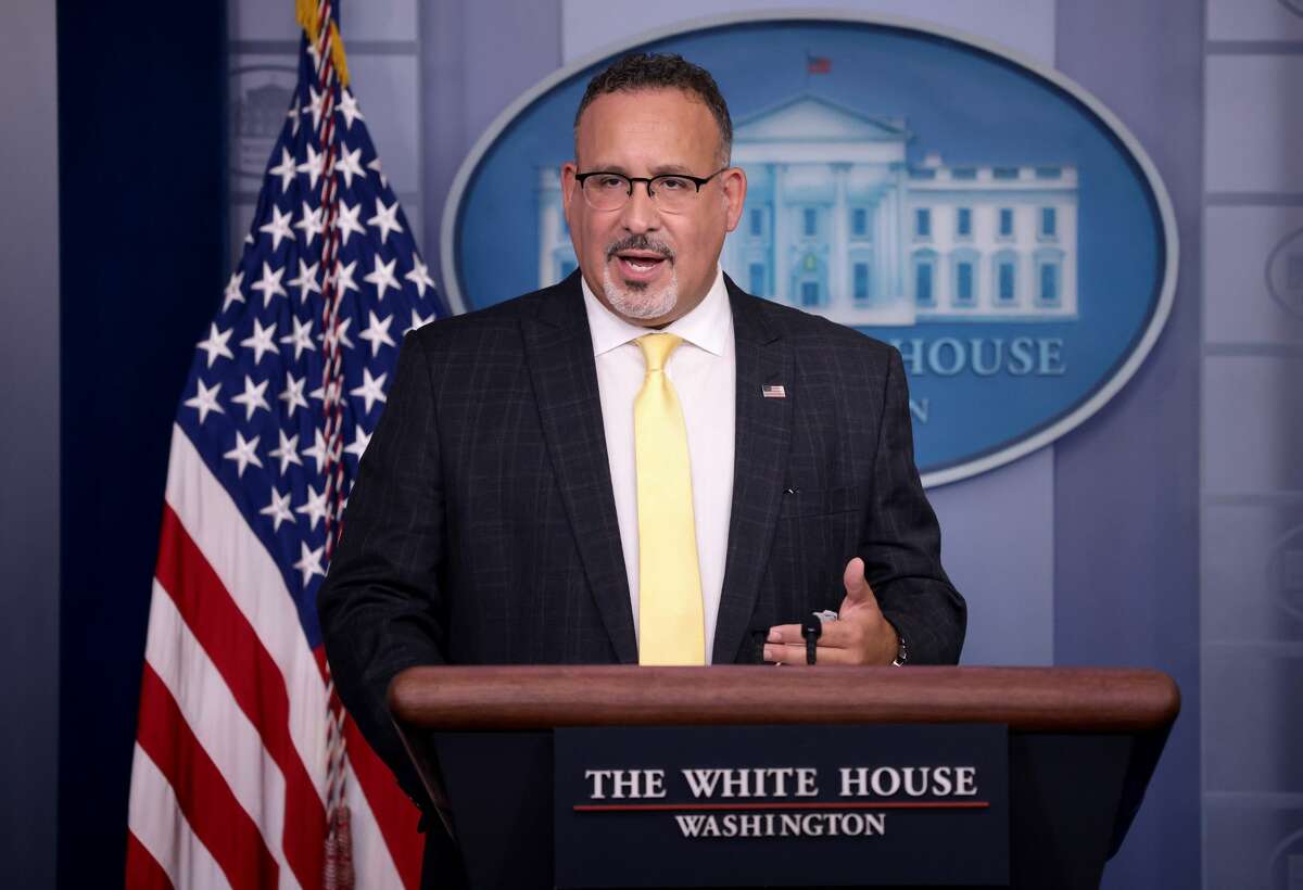 Secretary of Education Dr. Miguel Cardona answers questions during the daily briefing at the White House Aug. 5, 2021 in Washington, DC. (Photo by Win McNamee/Getty Images)