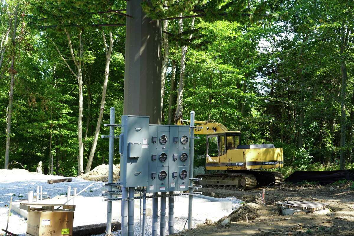 The 85-foot pine monopole cell tower on has been erected on Keith Richey’s private property at 183 Soundview Lane. The picture was take Sept. 13, 2021.