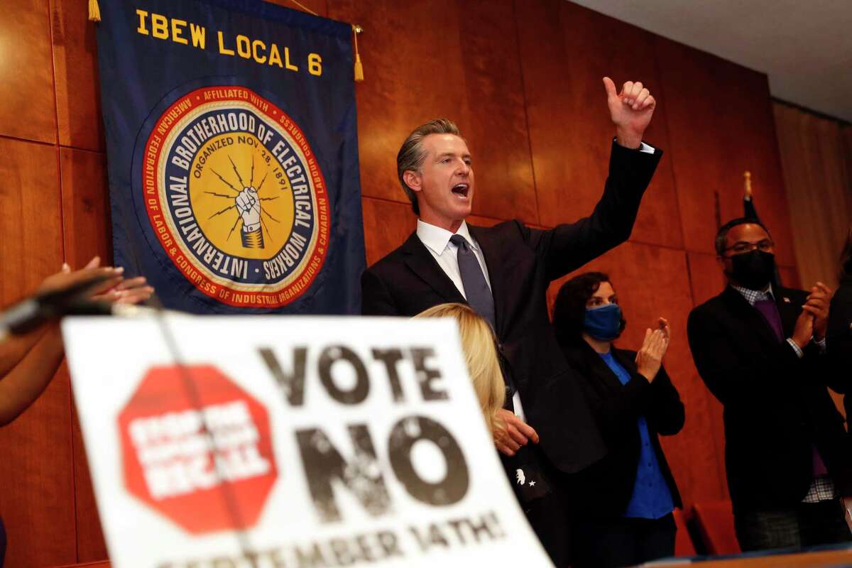 California Gov. Gavin Newsom urges the crowd to vote during an event at IBEW Local 6 on Tuesday in San Francisco.