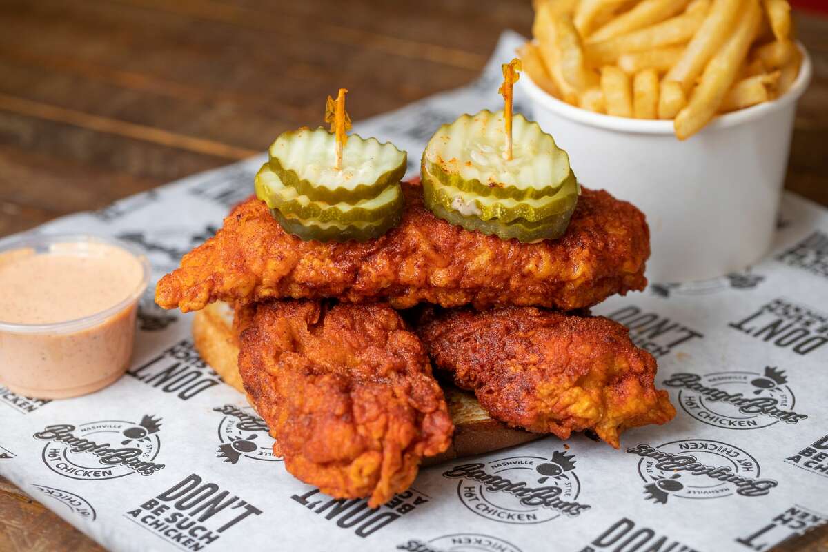Bangin' Buns serves up Nashville-style hot chicken and comes in combos, such as this tender plate, which comes with three tenders, a slice of toast, a side of "bangin' sauce" and a choice of fries or slaw.