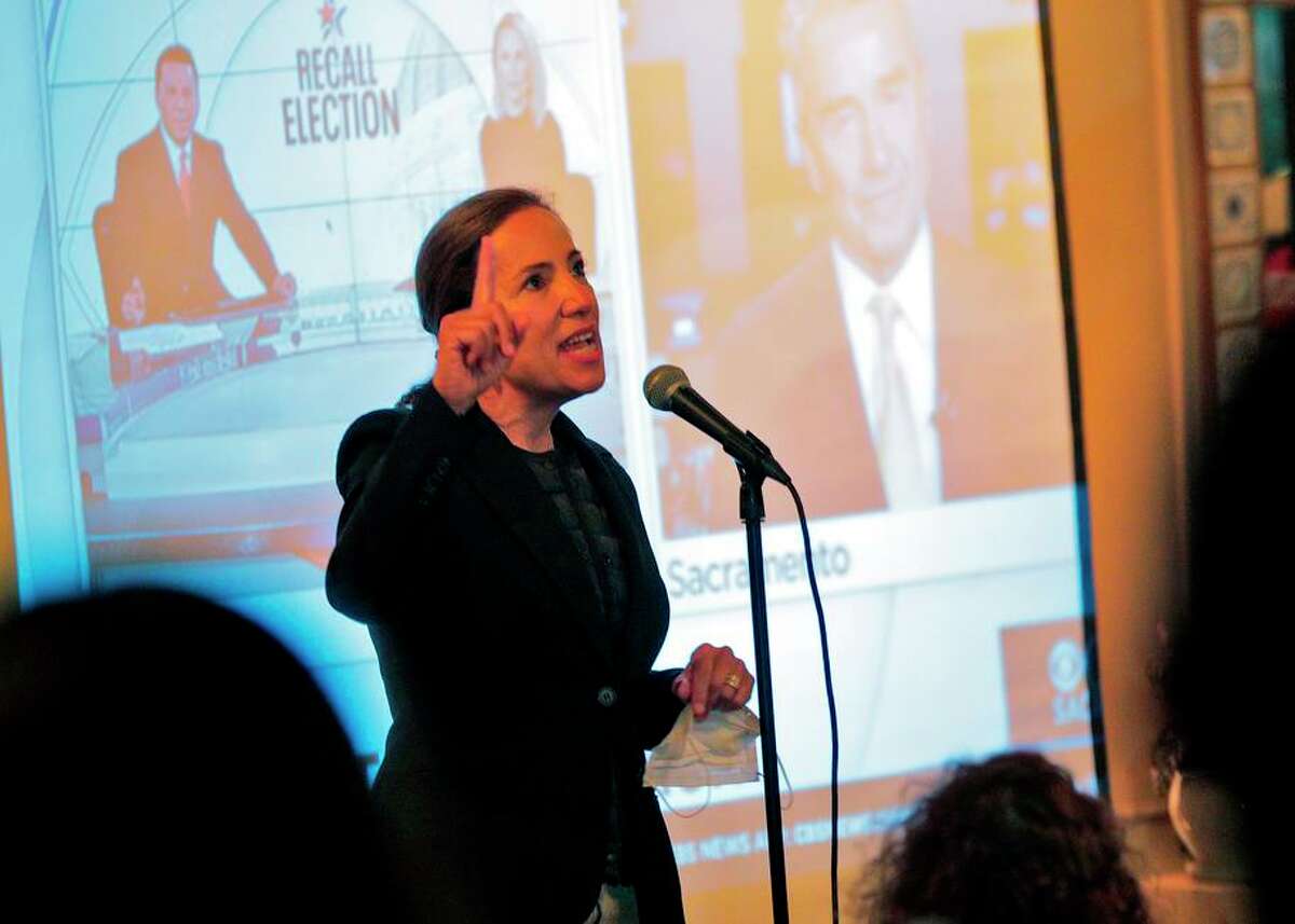 California Lt. Gov. Eleni Kounalakis speaks to supporters of Gov. Gavin Newsom gathered at Manny?•s in San Francisco to watch recall election results on Sept. 14.