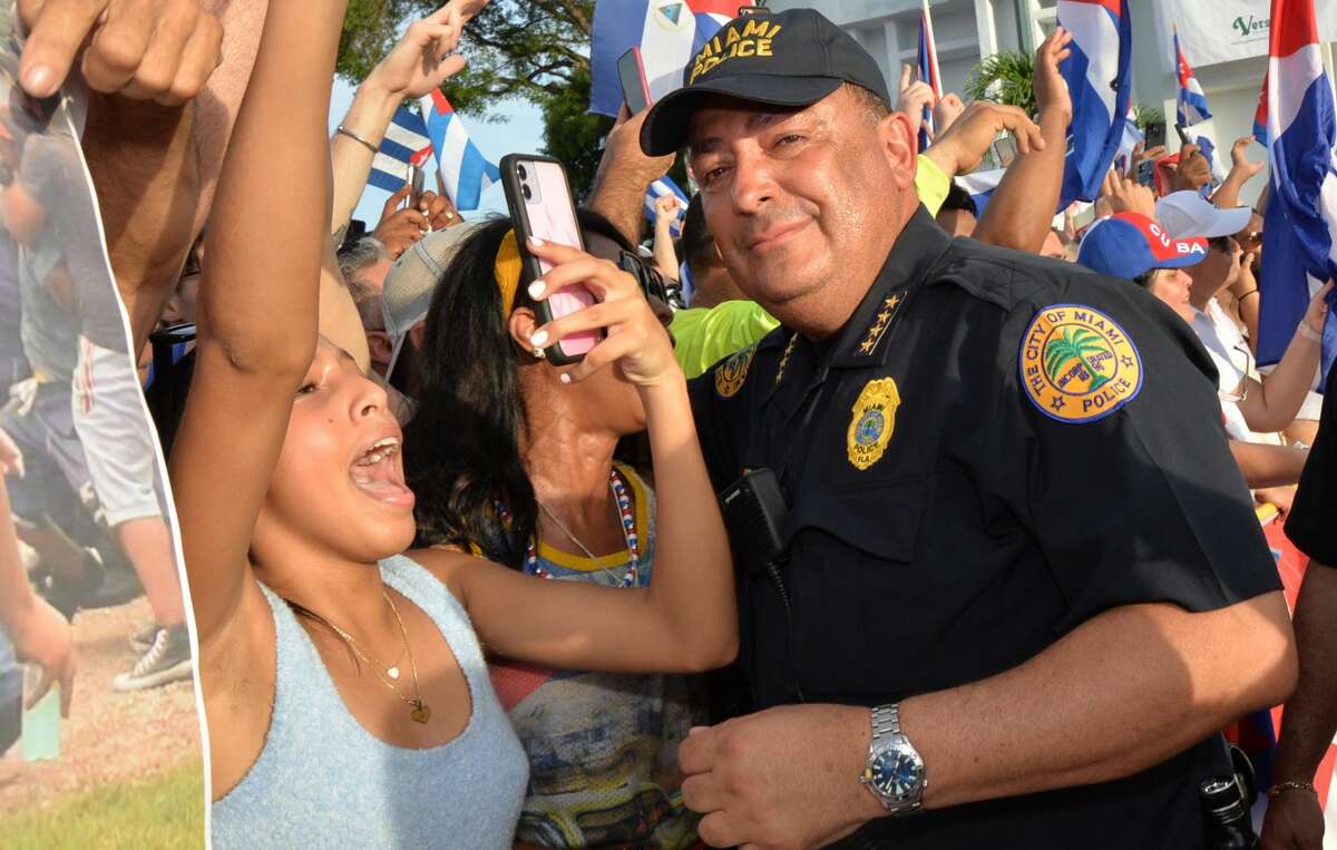 Miami Police Chief Art Acevedo attends SOSCuba rally in support of the demonstration for Freedom in Cuba at Versailles restaurant in Little Havana on July, 14, 2021 in Miami, FL 