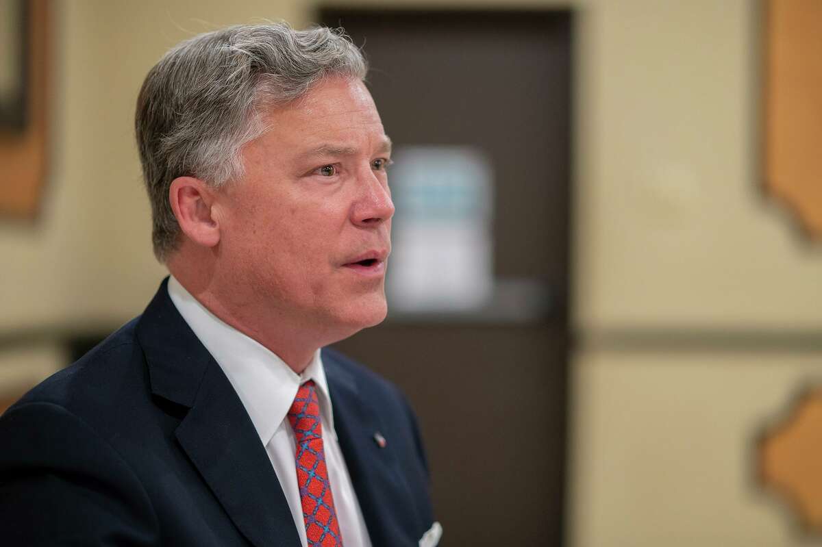 Texas Attorney General candidate Joe Jaworski speaks with residents of Laredo and surrounding areas, Wednesday, July 14, 2021, at the Firefighters Union Hall.