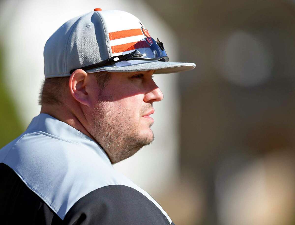 Stamford coach Rit Lacomis follows the game of an FCIAC baseball game Ridgefield on Wednesday, April 10, 2019 in Stamford, Connecticut. Ridgefield defeated Stamford 6-3.