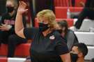 Cheshire coach Sue Bavone on the sidelines in the SCC Division B girls volleyball championship game in October.