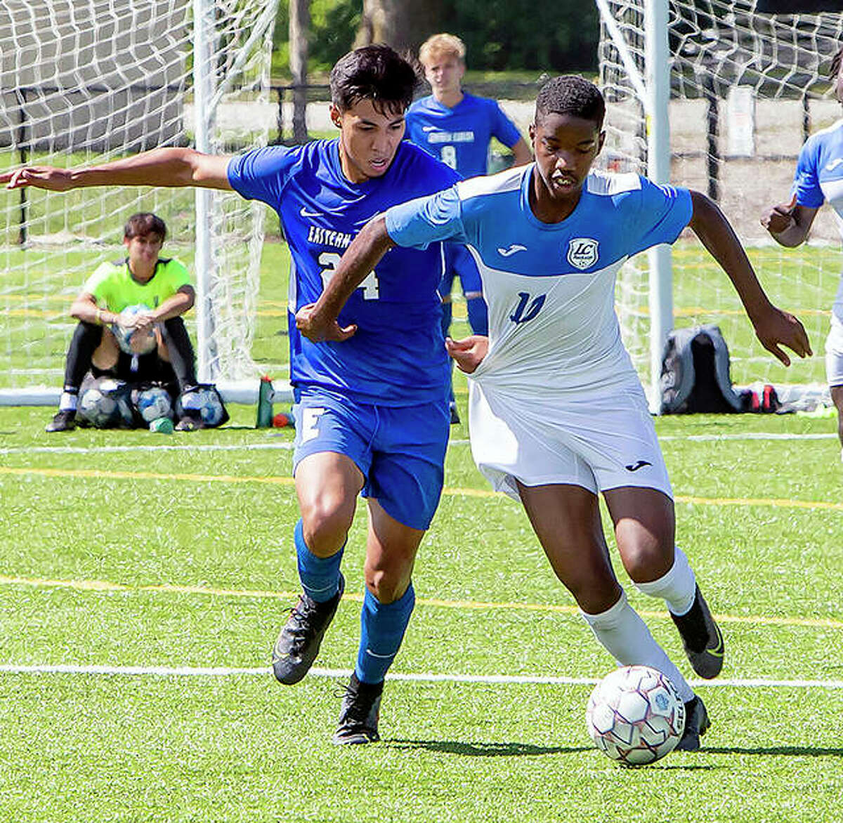 Tyriq Gordon of Lewis and Clark (11) scored a goal in Wednesday’s 5-1 victory over Lincoln Trail College in Robinson. He is shown in action Sept. 5 against Southwestern Florida State College.