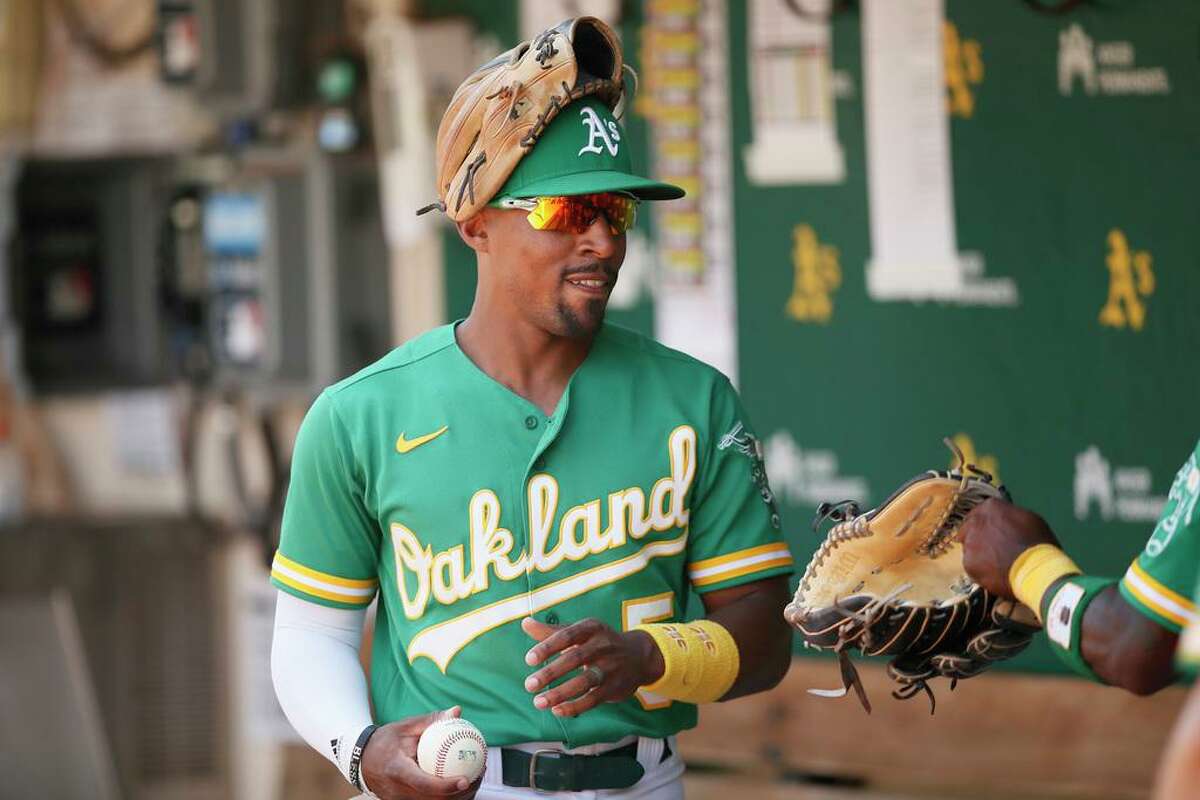 Oakland Athletics Tony Kemp (5) in the dugout following the MLB game against the New York Yankees at RingCentral Coliseum on Saturday, Aug. 28, 2021, in Oakland, Calif. The A’s won 3-2.