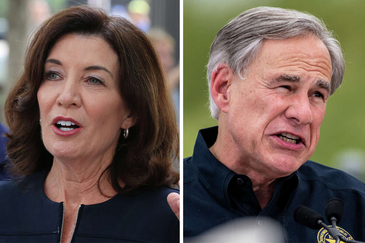 New York Gov. Kathy Hochul (left) and Gov. Greg Abbott (right) are pictured together in this composite image.