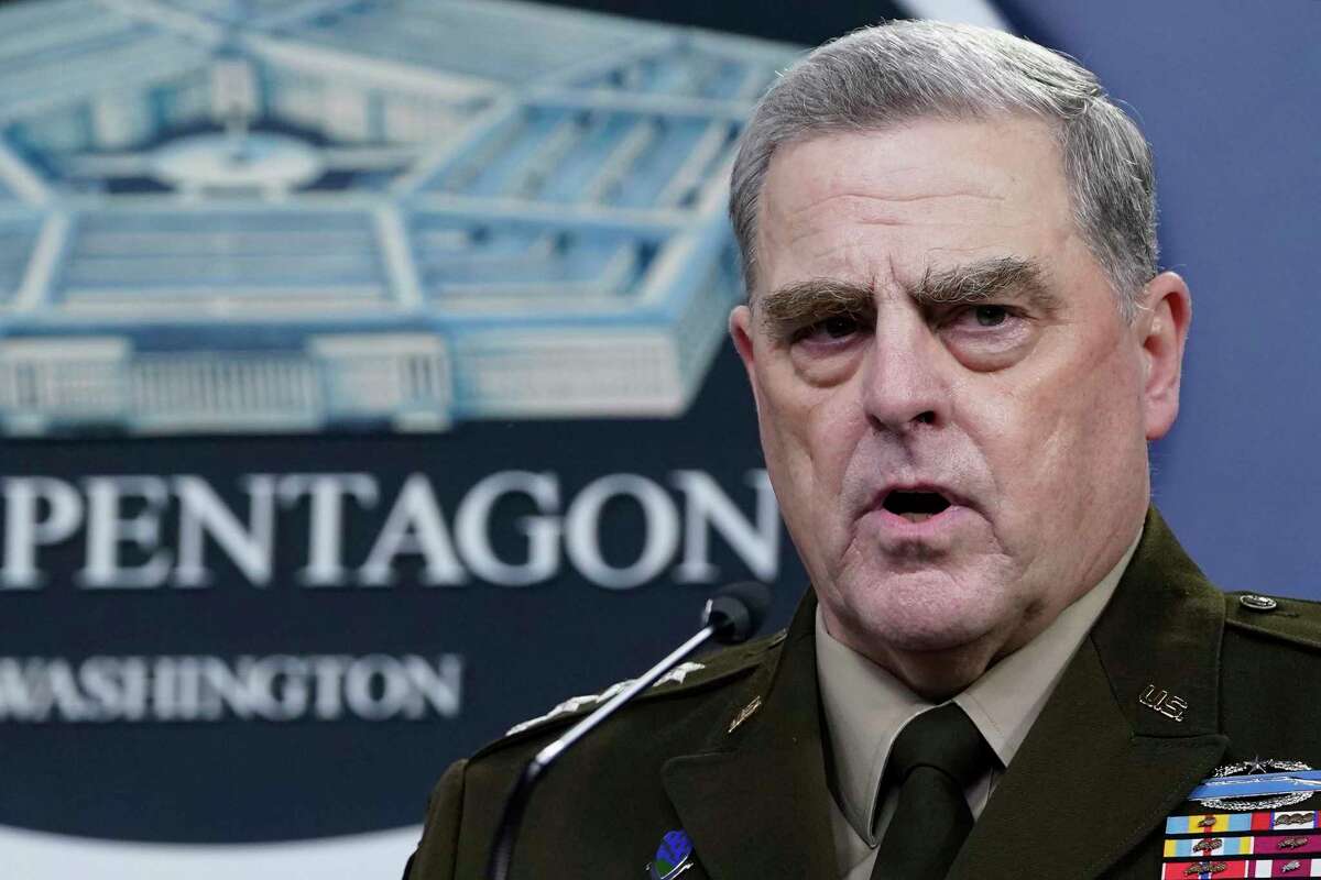 In this Sept. 1, 2021, photo Chairman of the Joint Chiefs of Staff Gen. Mark Milley speaks during a briefing with Secretary of Defense Lloyd Austin at the Pentagon in Washington.