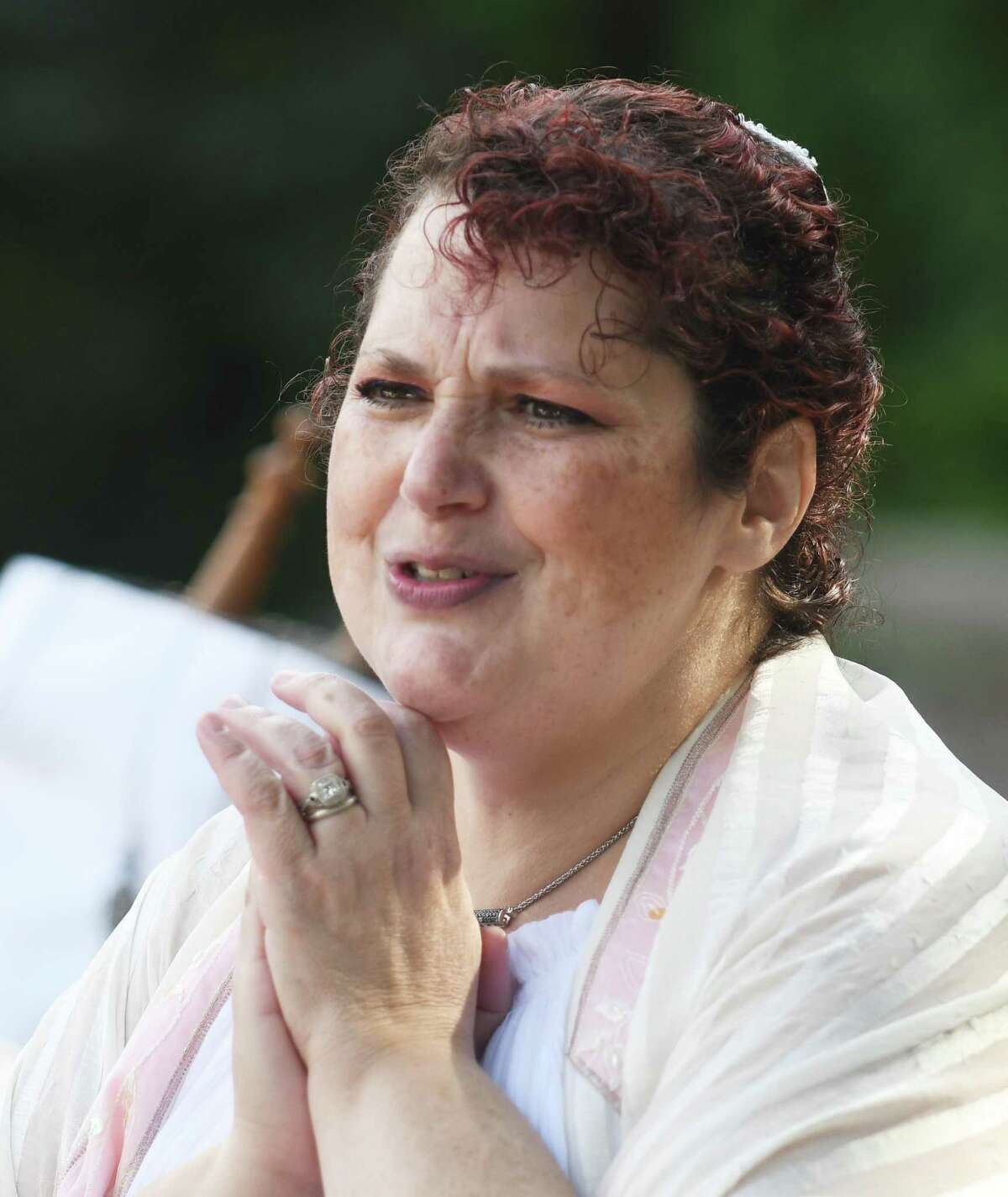 Cantor Michelle Rubin sings at the Yom Kippur Family Service at the Greenwich Reform Synagogue in Greenwich, Connecticut on Thursday, September 16, 2021. Worshipers celebrated Yom Kippur, the day of Jewish Atonement, with a variety of readings and of songs.