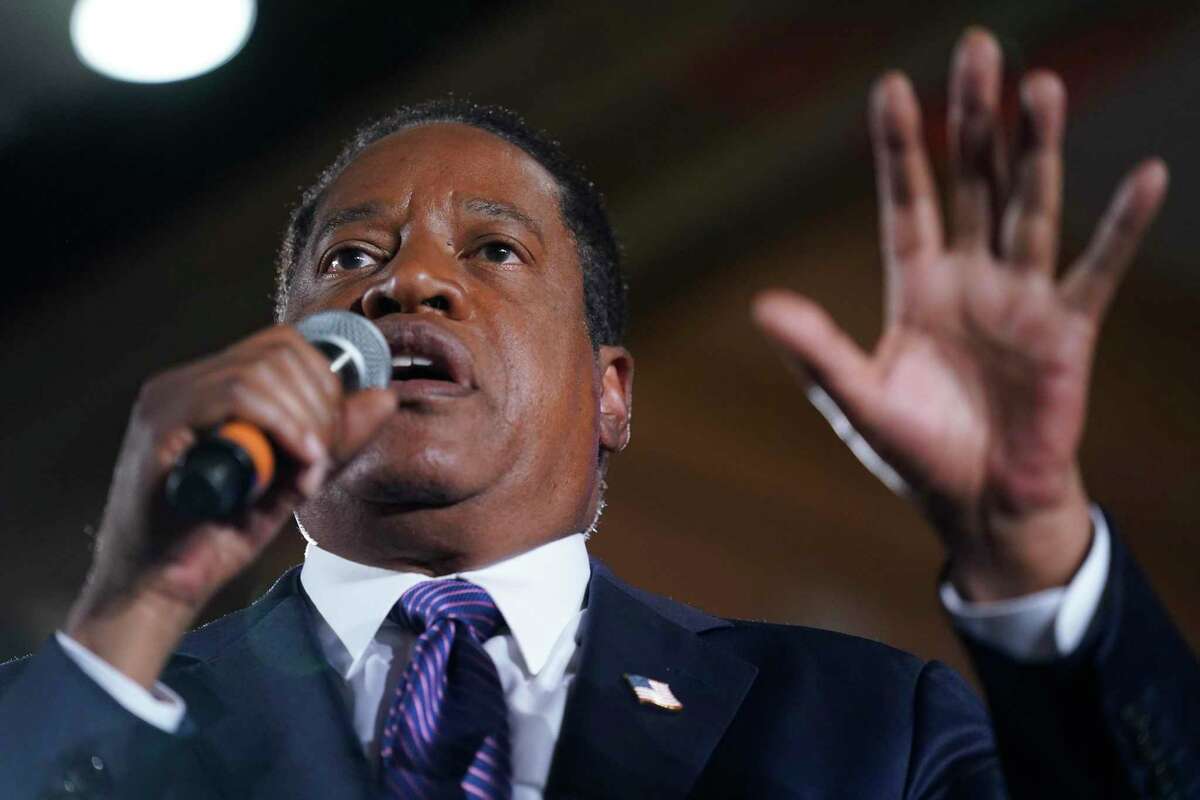 Republican conservative radio show host Larry Elder speaks to supporters after the failure of the California gubernatorial recall on Tuesday, Sept. 14, 2021, in Costa Mesa, Calif. Elder garnered by far the most votes among would-be replacements for Gov. Gavin Newsom.