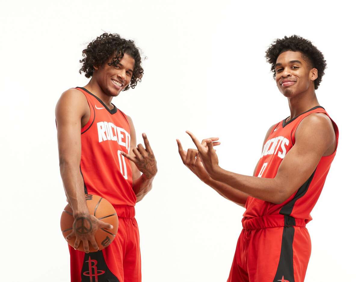 Jalen Green (left) and Josh Christopher of the Houston Rockets poses for a portrait during the 2021 NBA rookie photo shoot on August 14, 2021 in Las Vegas, Nevada.