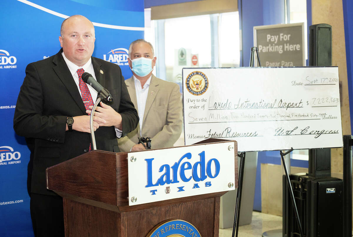 Laredo International Airport Director Jeffrey Miller expresses gratitude for monies from U.S. Congress, Friday, Sept. 17, 2021, at the Laredo International Airport as they announce a $7,222,563 grant for the airport.