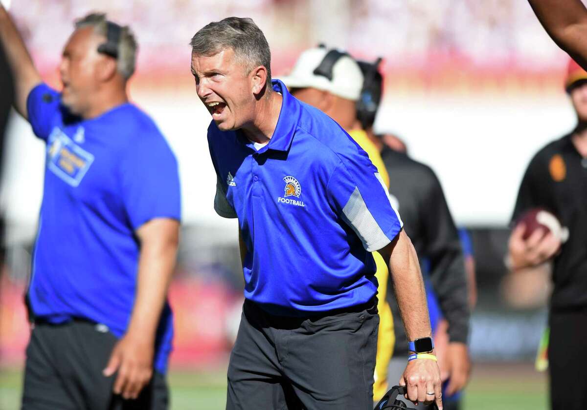LOS ANGELES, CA - SEPTEMBER 04: San Jose State head coach Brent Brennan yells towards the field during a college football game between the San Jose State Spartans and the USC Trojans on September 04, 2021, at the Los Angeles Memorial Coliseum in Los Angeles, CA.