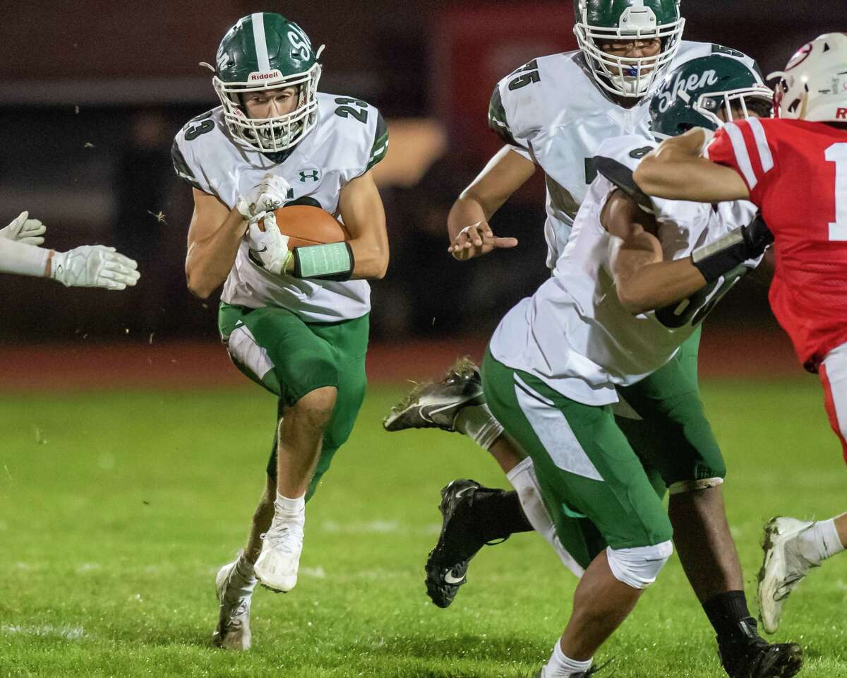 Shenendehowa running back Michael McElrath picks up yardage against Guilderland during a Class AA matchup at Guilderland High School on Friday, Sept. 17, 2021. (Jim Franco/Special to the Times Union)