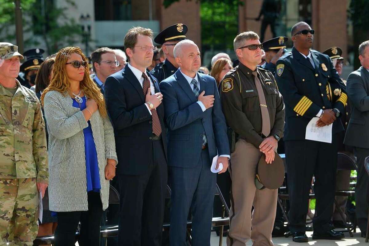Sheriff Mark Cool participates in 9/11 ceremony in Lansing Osceola County Sheriff Mark Cool (second from right) joined Speaker of the House Jason Wentworth (third from right) for the annual Sept, 11 remembrance ceremony last week at the state Capitol in Lansing. State legislators from the Michigan House of Representatives invited first responders and military veterans and active duty servicemembers from their local communities to attend the event commemorating the 20th anniversary of Sept. 11, 2001, and honoring the first responders and members of the military who fell in the line of duty during the past year. (Submitted photo)